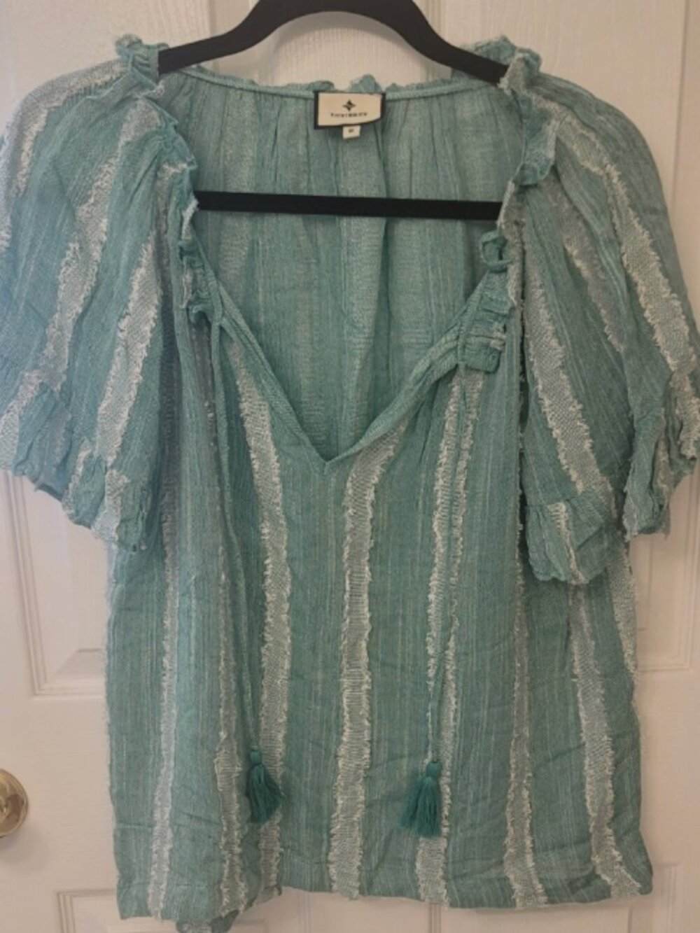 Tuckernuck Beach Gauze Flutter Sleeve Top Teal Tassel Tie Boho Blouse Size M